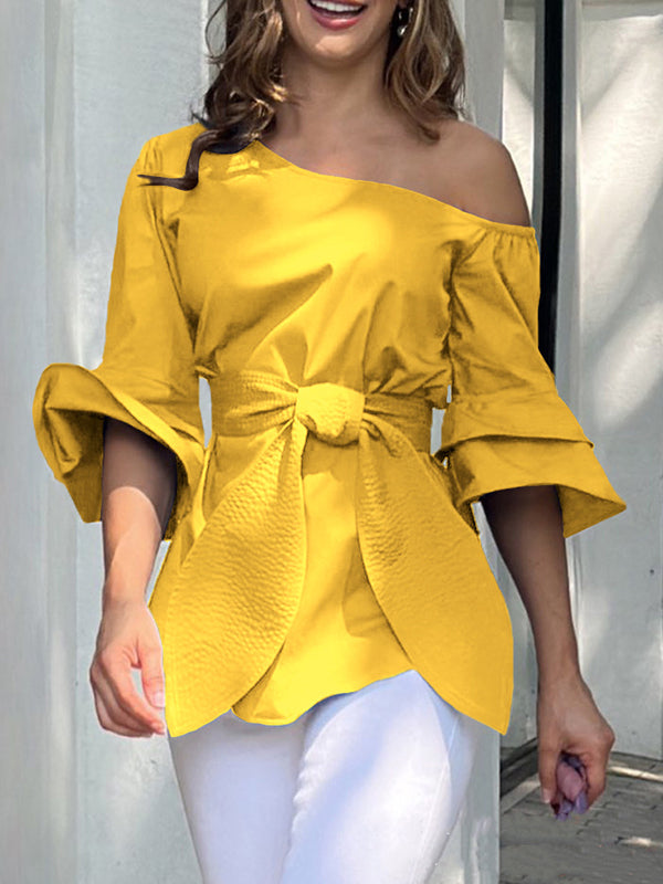 xakxx Flared Sleeves Asymmetric Knot Solid Color One-shoulder Blouses&shirts Tops