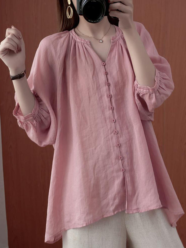 xakxx Simple Casual Solid Buttoned Pleated Blouse