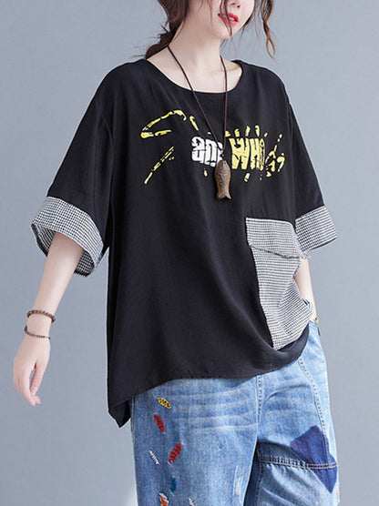 xakxx Original Letter Print Split-Joint Round-Neck T-Shirts Tops