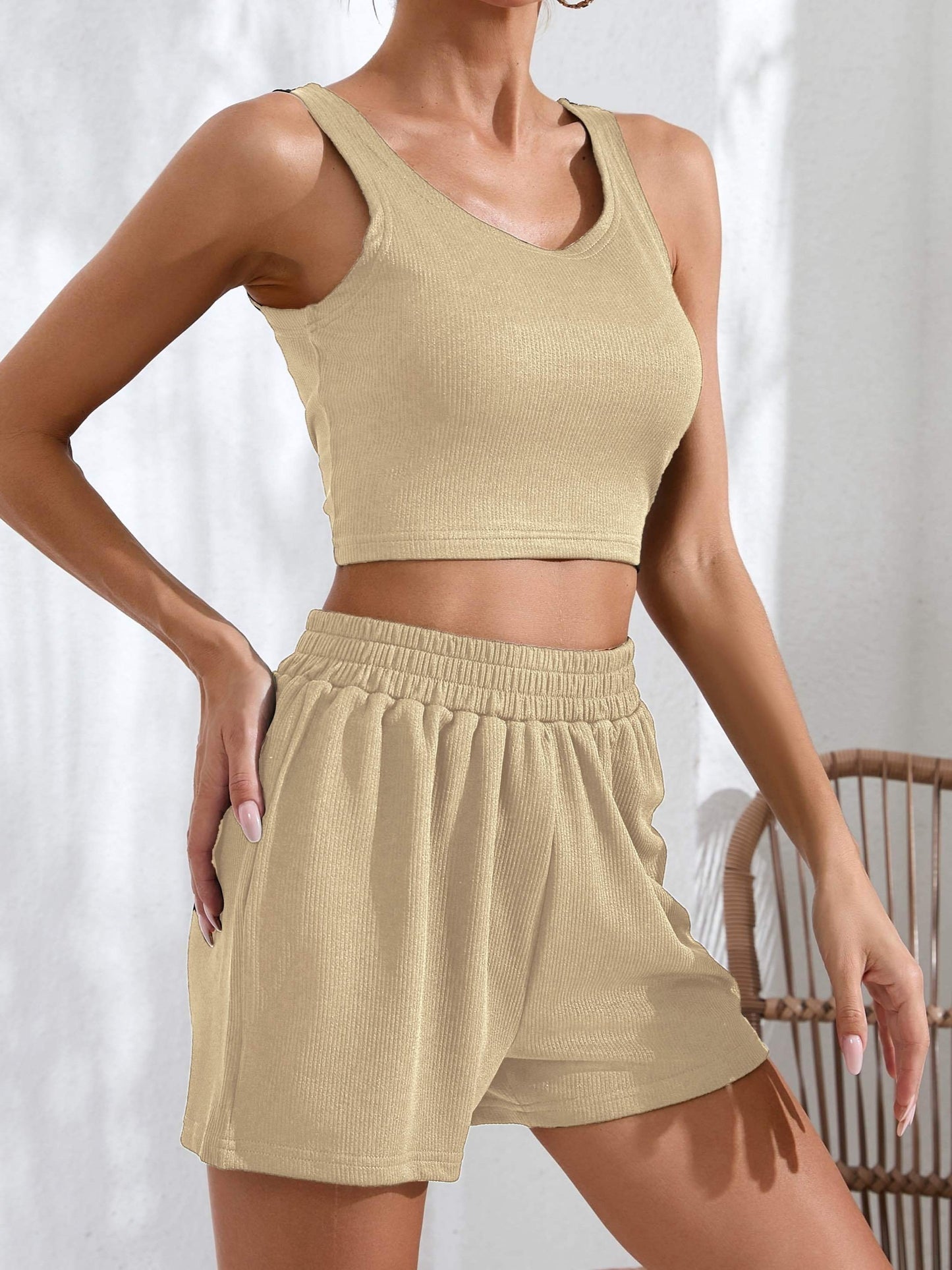 Two-Piece Elegant Outfit Set - Crew Neck Rib-Knit Slim Sleeveless Tank Top & Elastic Waist Shorts - Polyester Mid-Elasticity Knit Fabric, Solid Color, Spring/Summer Essential for Women