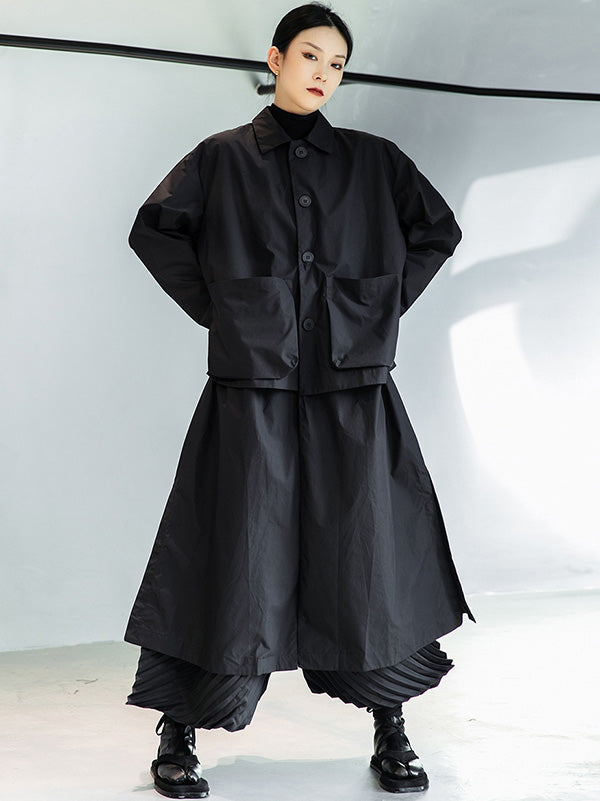 xakxx Loose Split-Joint Black False Two Trench Coat