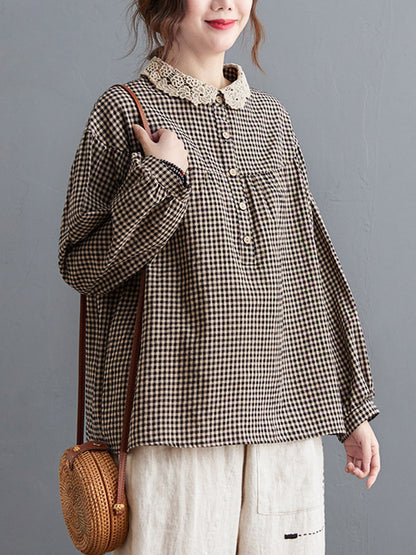 xakxx Plaid Ramie Cotton Plus Szie Long Sleeve Shirts