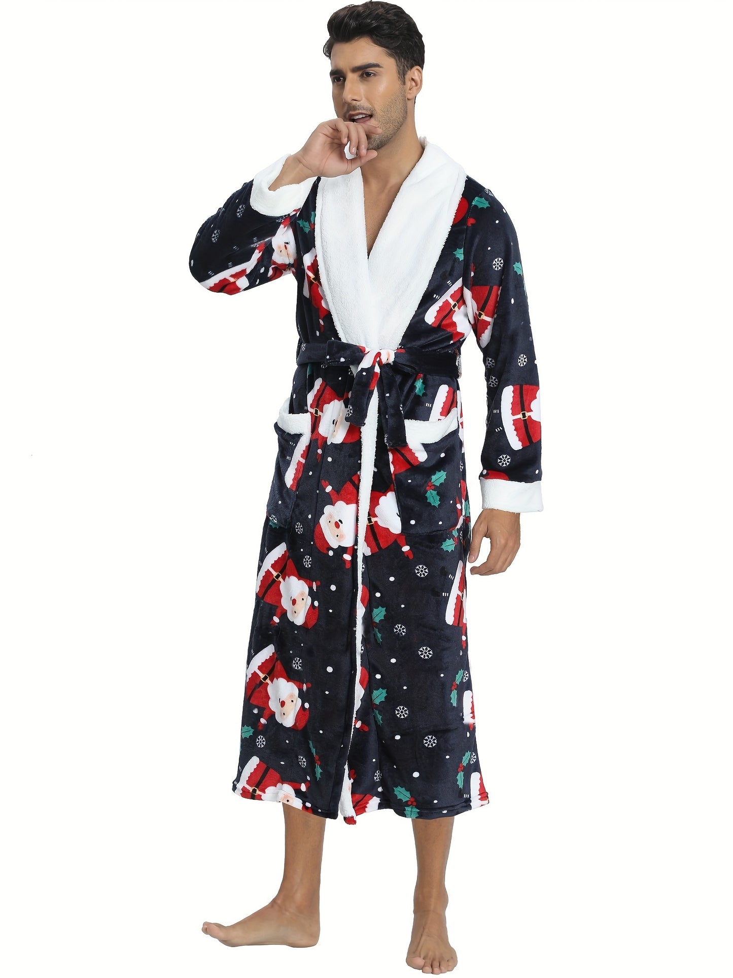 Men's Christmas Gift & Animal Print Flannel Bathrobe, Casual Morning Gown Comfy Home Clothes, Holiday Gift