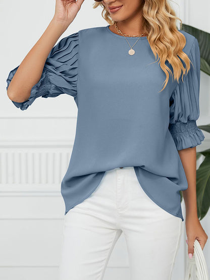 xakxx Loose Puff Sleeves Pleated Solid Color Round-Neck T-Shirts Tops