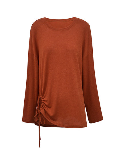 xakxx Long Sleeves Loose Asymmetric Drawstring Hollow Solid Color Round-Neck T-Shirts Tops