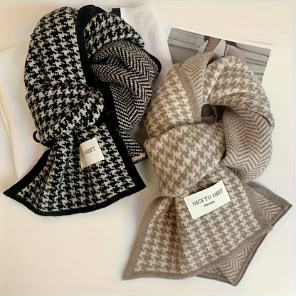 Elegant Black White Hounds Pattern Thick Warm Wavy Striped Scarf, Fashion Winter Cashmere Feeling Cold Scarf