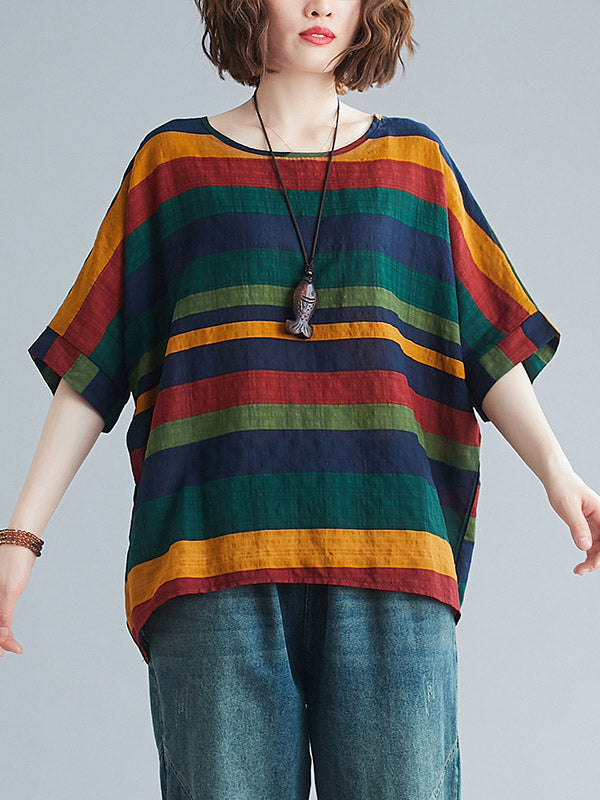 xakxx Rainbow Stripe Batwing Sleeves T-Shirts Tops