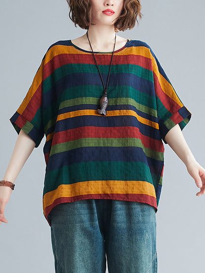 xakxx Rainbow Stripe Batwing Sleeves T-Shirts Tops