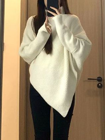 xakxx Long Sleeves Loose Asymmetric Solid Color Velvet High Neck Knitwear Pullovers Sweater Tops