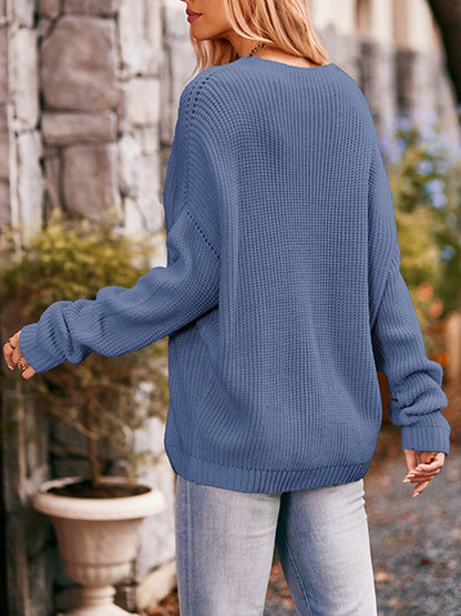 xakxx Batwing Sleeves Long Sleeves Hollow Pockets Solid Color Round-Neck Knitwear Pullovers Sweater Tops