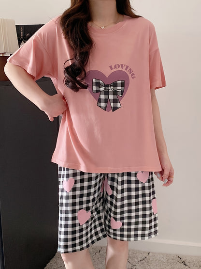 Womens Pajama Set - Adorable Heart & Plaid Bow & Letter Print, Ultra-Casual Loose Fit, Short Sleeve Round Neck Top & Shorts, Comfortable Relaxed Fit for a Restful Sleep - Complete Set for a Coordinated Look