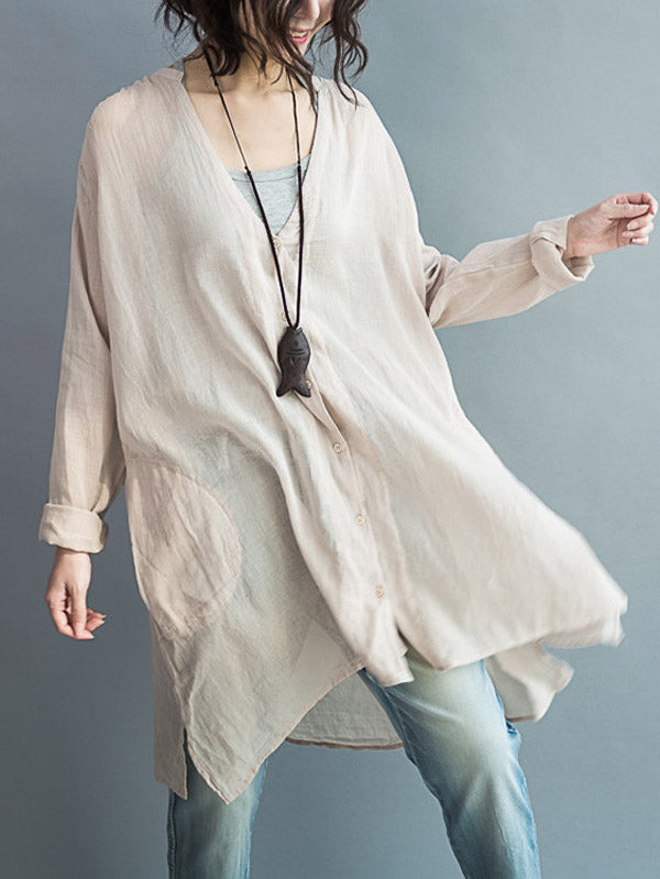 xakxx Original Solid Sun-Protection V-Neck Blouse Tops