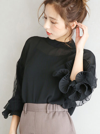 xakxx Simple Solid Color Puff Sleeve Mesh Splicing Chiffon Shirt