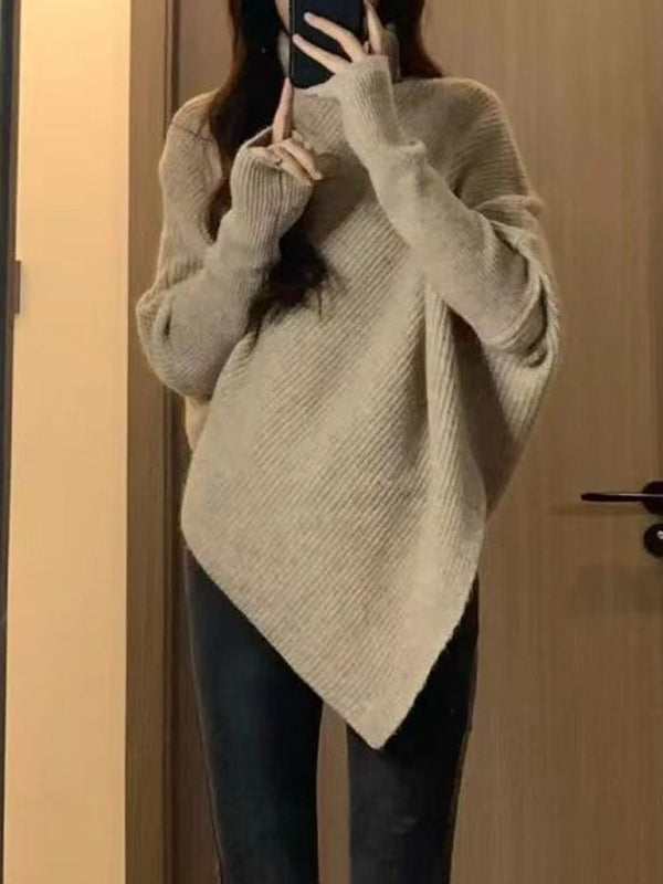 xakxx Long Sleeves Loose Asymmetric Solid Color Velvet High Neck Knitwear Pullovers Sweater Tops