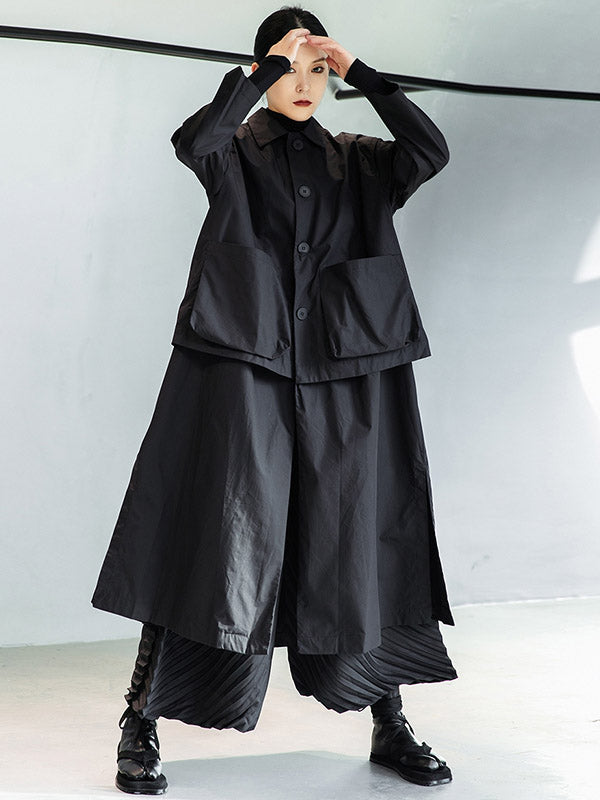 xakxx Loose Split-Joint Black False Two Trench Coat