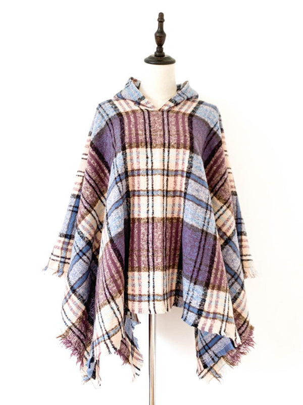 xakxx Fringed Hooded Keep Warm Plaid Cape Shawl&Cloak