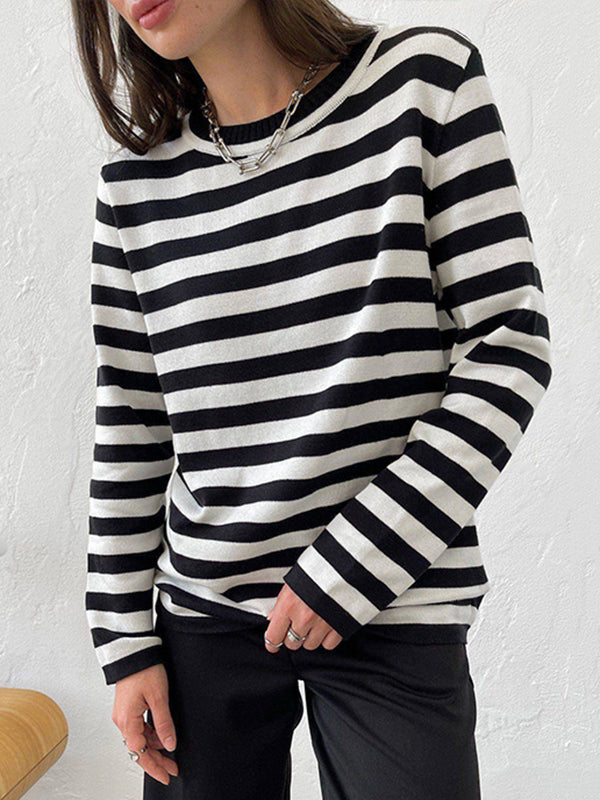 xakxx Long Sleeves Loose Split-Joint Striped Round-Neck Sweater Tops