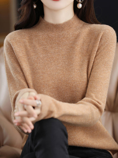 xakxx Office Long Sleeves Solid Color High-Neck Sweater Tops Pullovers