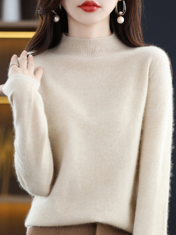 xakxx Office Long Sleeves Solid Color High-Neck Sweater Tops Pullovers