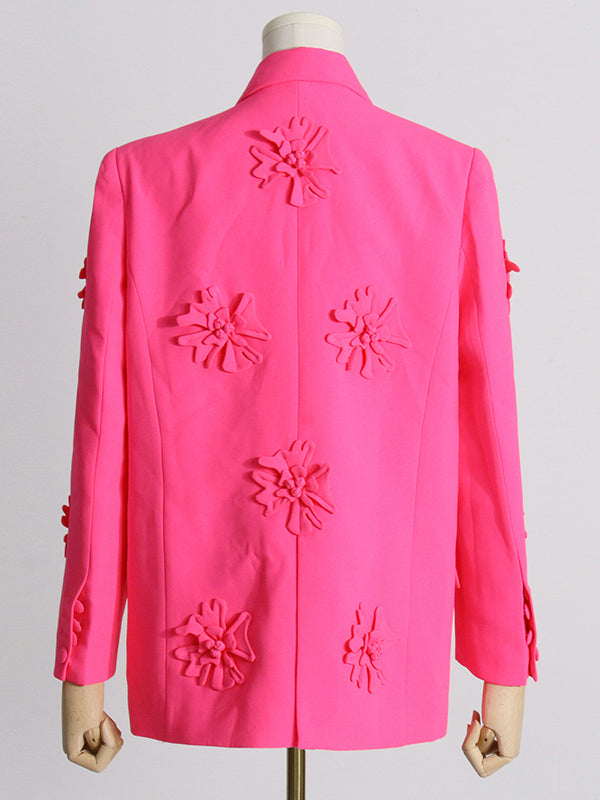 xakxx Long Sleeves Flower-Embellished Solid Color Lapel Blazer Outerwear