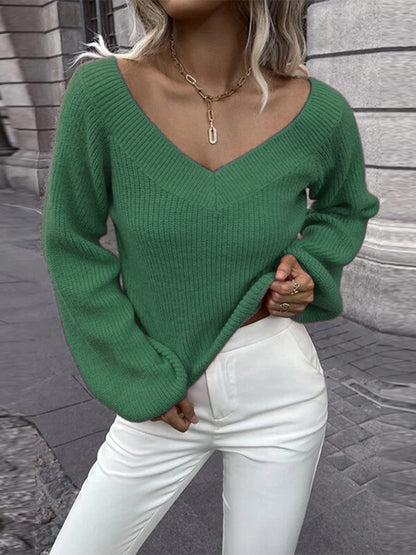 xakxx Casual Long Sleeves Loose Solid Color V-Neck Sweater Tops