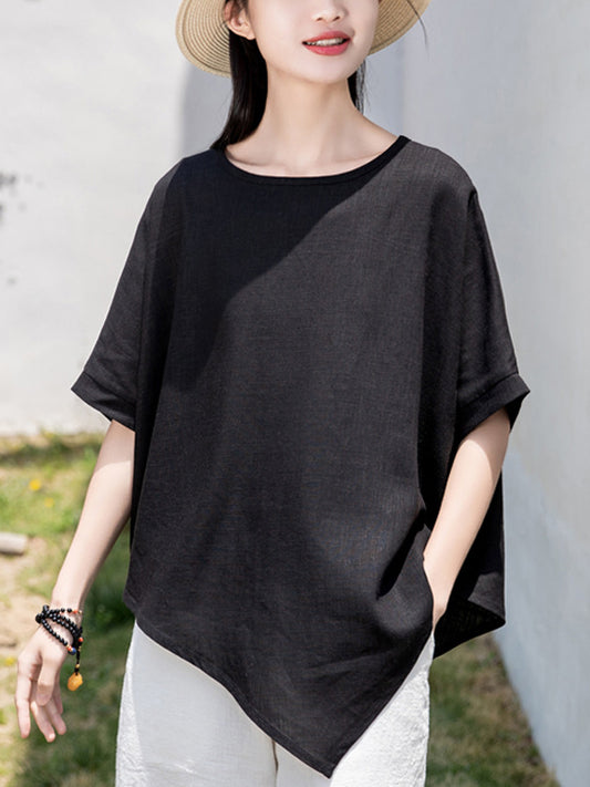 xakxx Artistic Retro Loose Linen Asymmetric T-Shirt Top