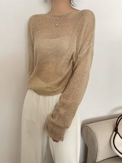 xakxx Gentle Mohair Knitted Loose Long Sleeves Solid Color Thin Sweater Tops