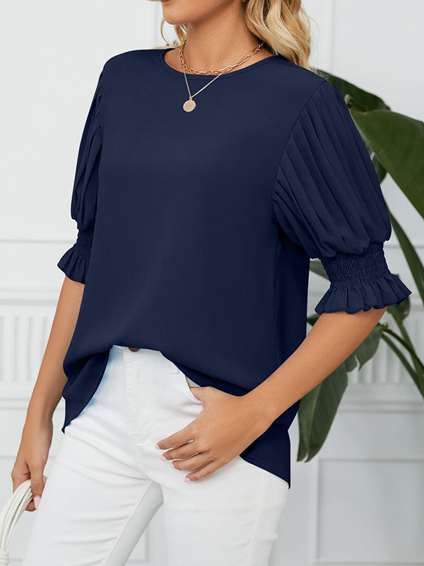 xakxx Loose Puff Sleeves Pleated Solid Color Round-Neck T-Shirts Tops