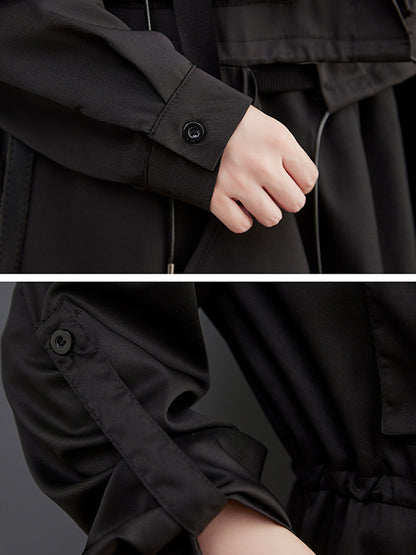 xakxx Loose Long Sleeves Drawstring Split-Joint Lapel Trench Coats