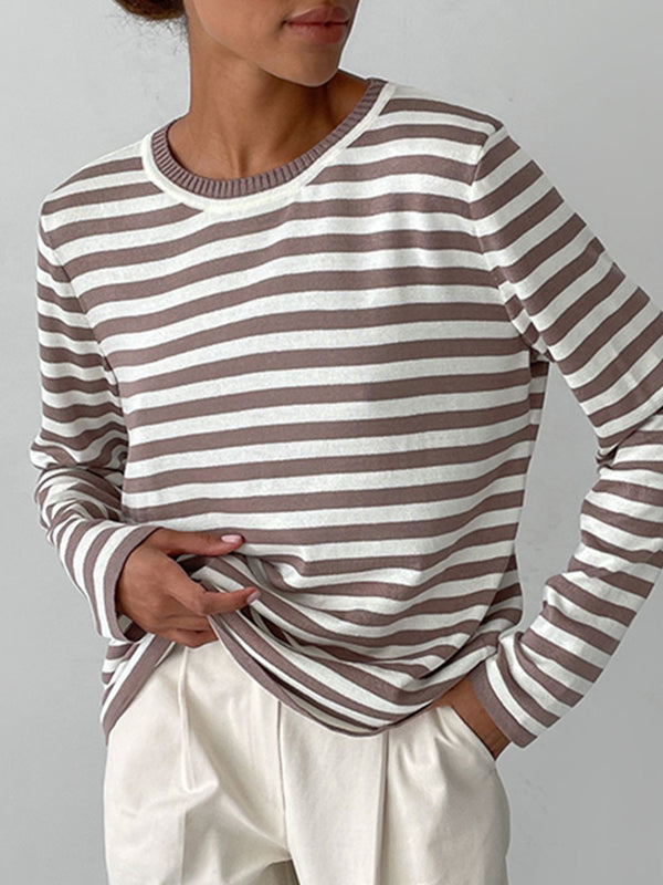 xakxx Long Sleeves Loose Split-Joint Striped Round-Neck Sweater Tops