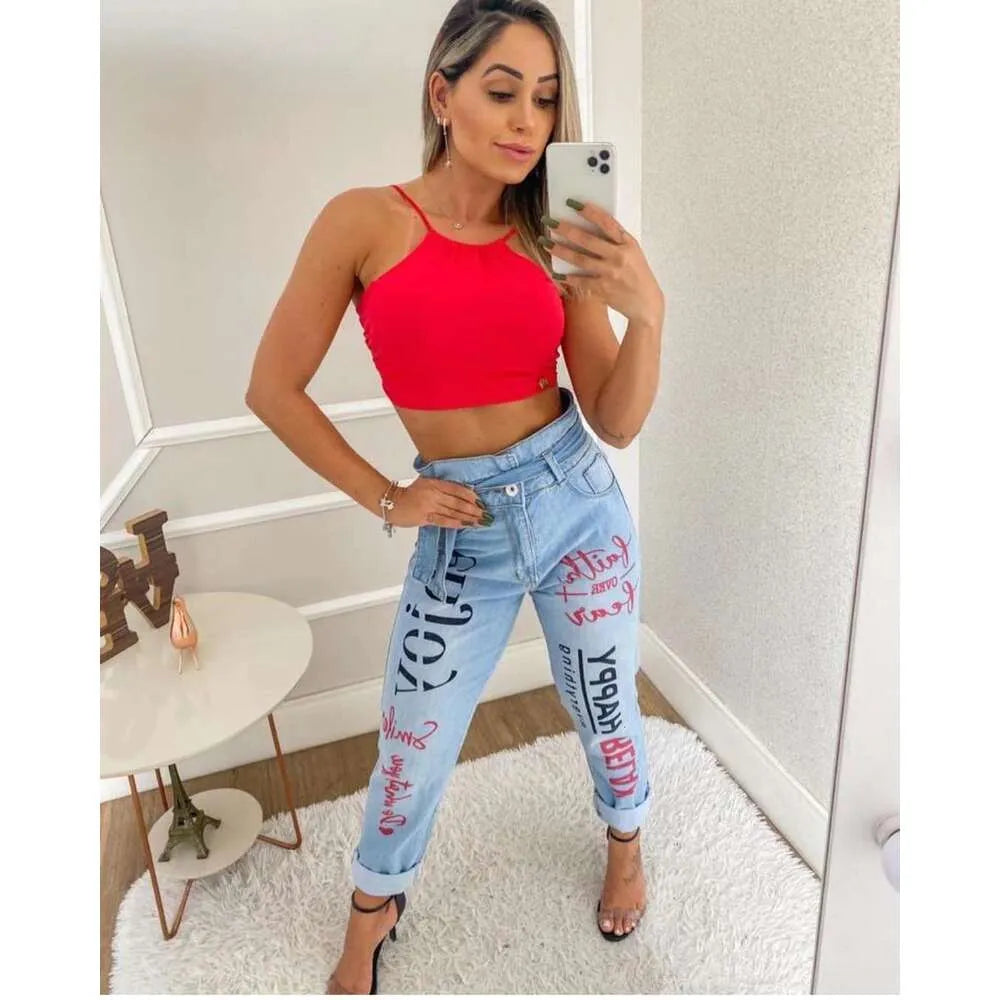 Spring/summer New Women's Solid Color Waist Tight Jeans