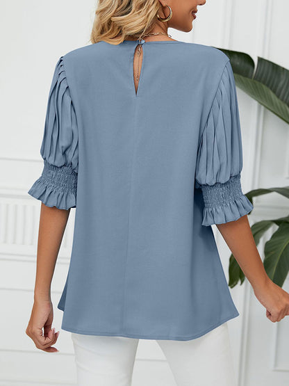 xakxx Loose Puff Sleeves Pleated Solid Color Round-Neck T-Shirts Tops