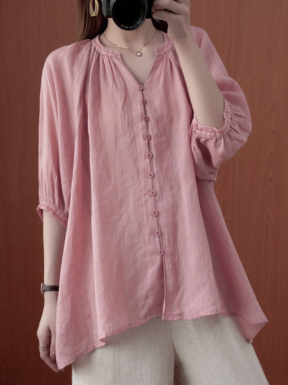 xakxx Simple Casual Solid Buttoned Pleated Blouse