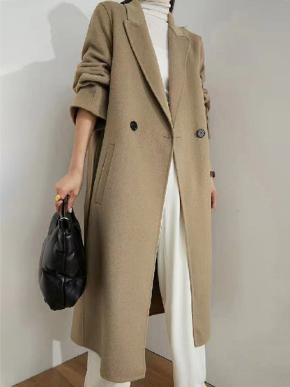 xakxx Office Belted Solid Color Notched Collar Wool Overcoat