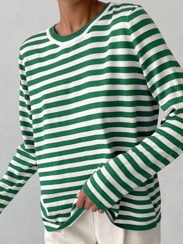 xakxx Long Sleeves Loose Split-Joint Striped Round-Neck Sweater Tops