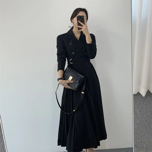 Autumn Pleated Long Sleeve Trench Dress Women Elegant Vintage Office Ladies Dresses xakxx Korean Casual Woman Dress Vestidos