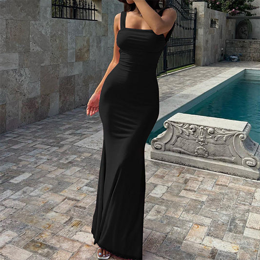 2025 Summer  European and American Solid Color Slim Slimming Sleeveless Dress Women's Evening Dress Dress Pg846