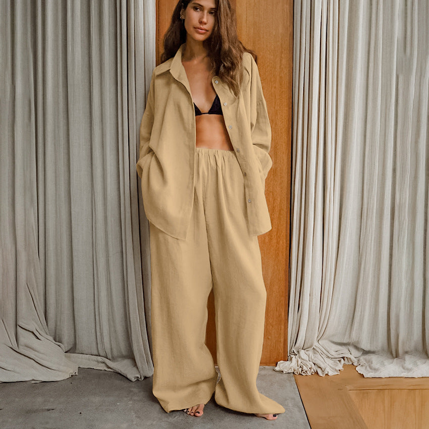 XAKXX 2025Casual khaki cotton and linen breathable long-sleeved trousers two-piece set autumn 2025 versatile loose street style suit women