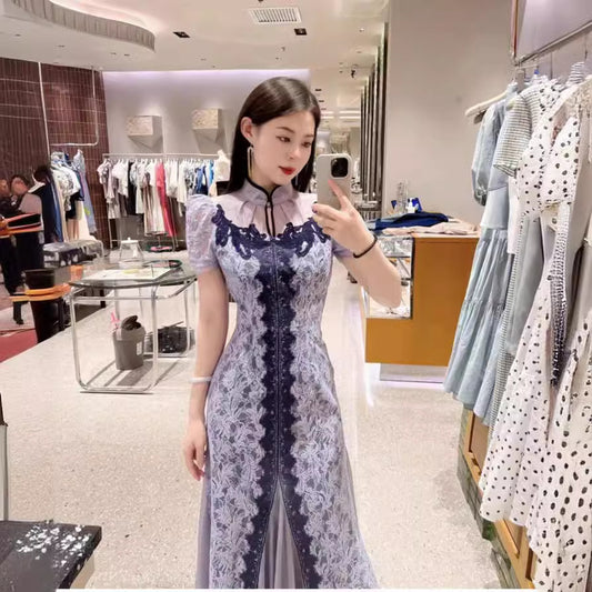 [Golden Girl] 2025 Summer New Chinese Style Cheongsam Style Temperament Slimming Lace Dress 23215