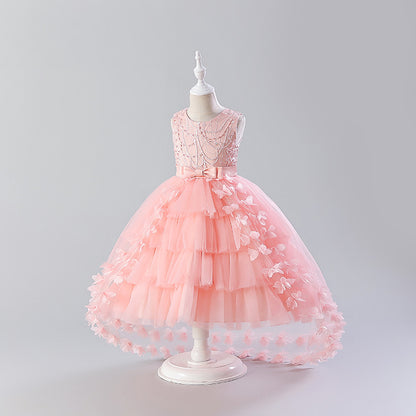 In Stock Children's Evening Dress Girls' Western Style Puffy Gauze Princess Dress Flower Girl's Wedding Girl's Trailing Dress HOTan and NEWn Style