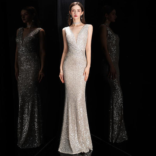 Champagne Evening Dress 2025 Spring Banquet Sequined Fishtail Slim Fit Sexy Dress Host Annual Party Evening Dress