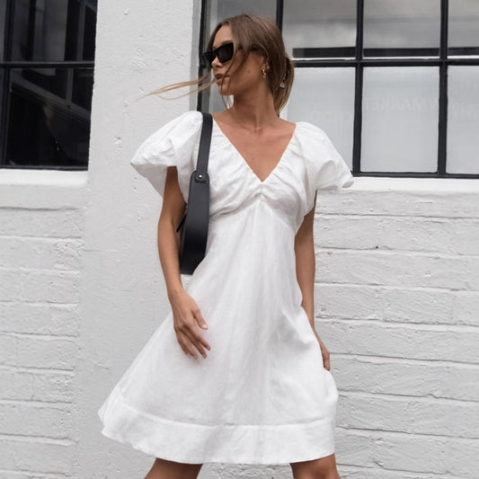 XAKXX 2025 early spring new cotton and linen V-neck bubble sleeves pure white dress 2025 fashion cross-border wholesale small white dress women