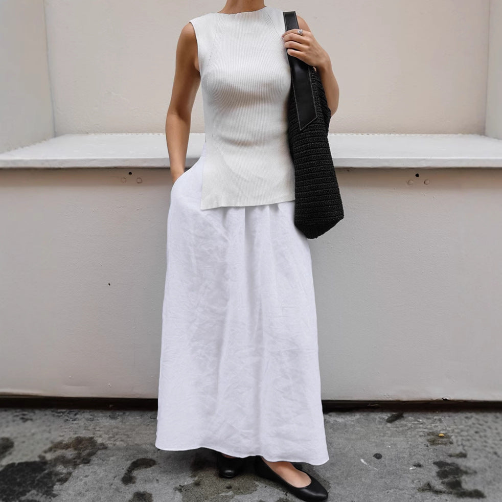 XAKXX White cotton and linen A-shaped skirt loose high waist skirt New 2025 autumn and winter fashion new  wholesale long skirt