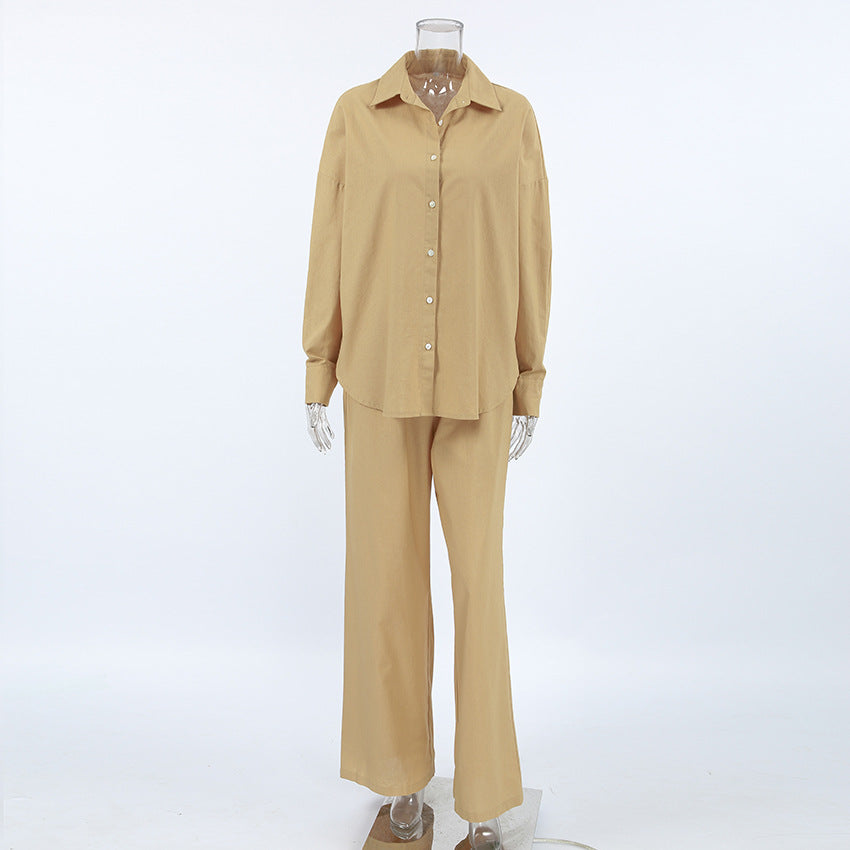 XAKXX 2025Casual khaki cotton and linen breathable long-sleeved trousers two-piece set autumn 2025 versatile loose street style suit women