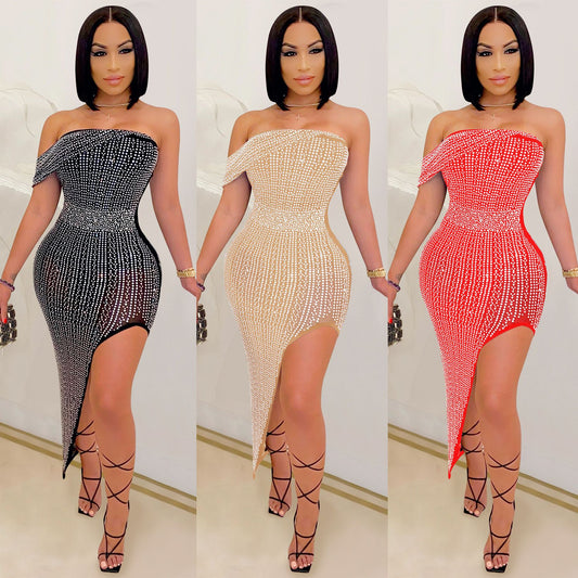 X5046    European and American Evening Dress Rhinestone Mesh Wrapped Chest Irregular Women's Clothing Dress