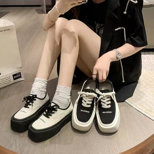 xakxx Popular Internet Celebrity Niche Square Toe Sneakers Women's Summer  New Platform Platform White Match Height Increasing Canvas White Shoes