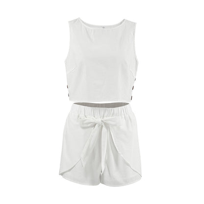 XAKXX Spring and summer casual fashion white cotton and linen sleeveless crew neck vest medium waist lace-up shorts beach versatile two-piece set women