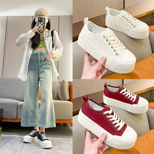 xakxx Canvas Shoes Women's Casual  New Lace-up Sneakers Sports College Style Thick Sole Increased Solid Color Low Top Fashion Shoes