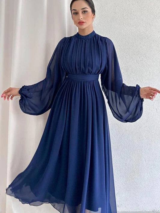 Beautiful Women's Dress Half High Collar Pleated Dresses with Long Sleeve Slim Elegant Black Chiffon Dress for Women xakxx Summer