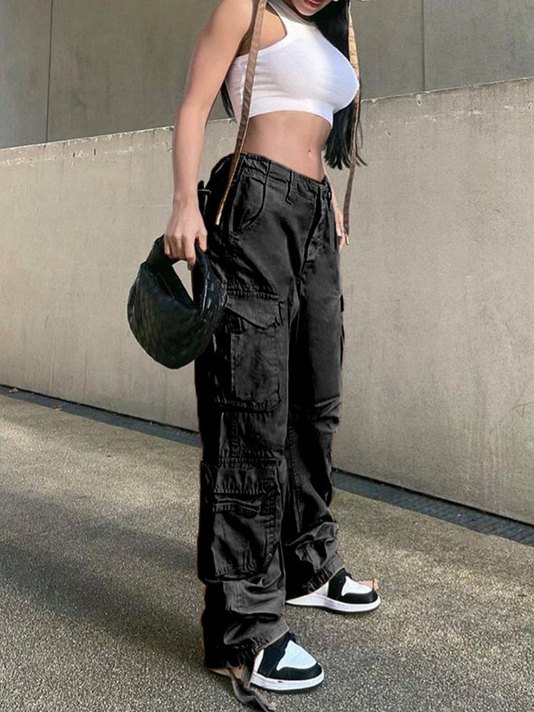 Purpdrank - 2023 New Vintage Cargo Pants  Baggy Jeans Women Fashion 90s Streetwear Pockets Wide Leg High Waist Straight Y2k Denim Trousers Overalls